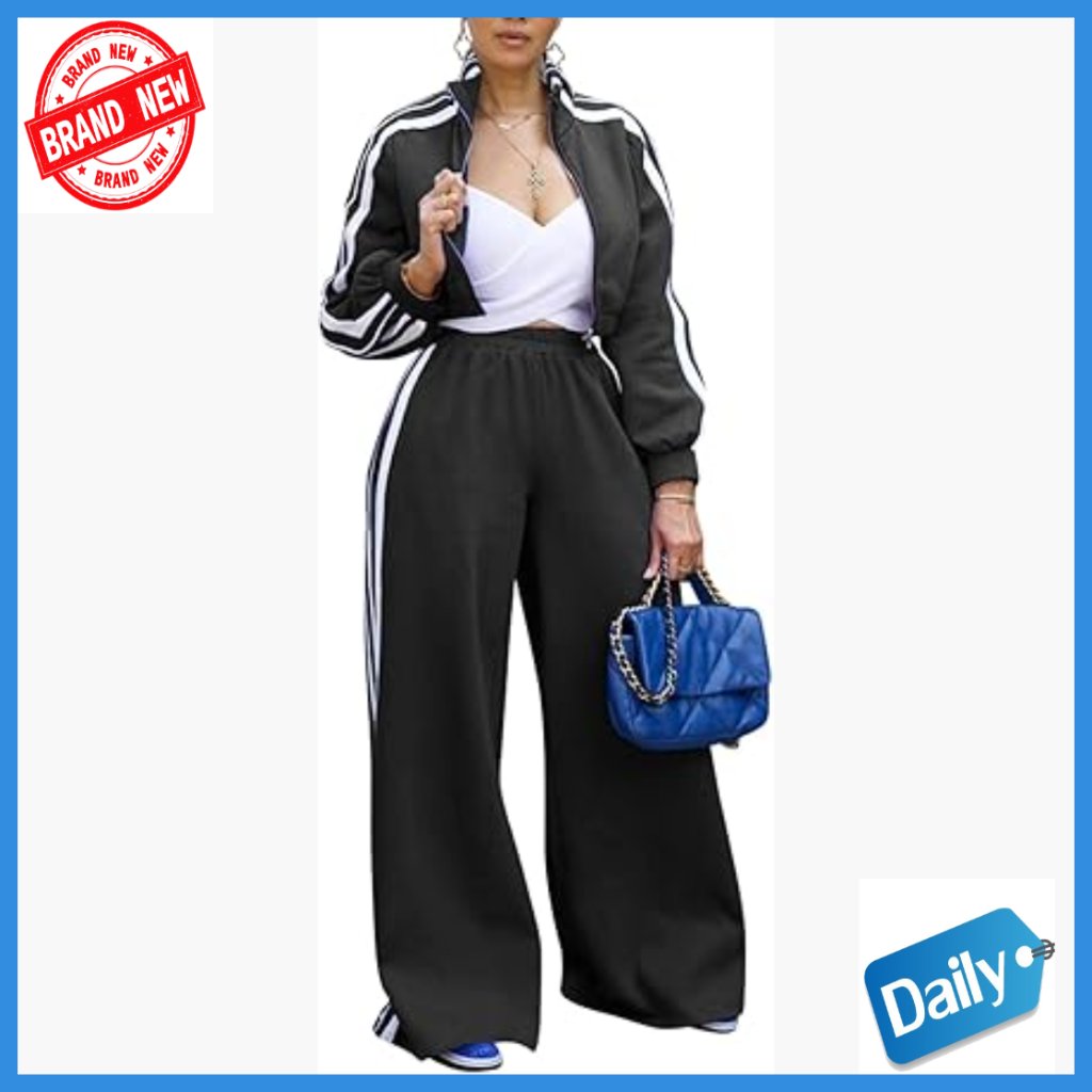 Striped Sweatsuit Set With Cropped Jacket And Wide Leg Pants, Size Large